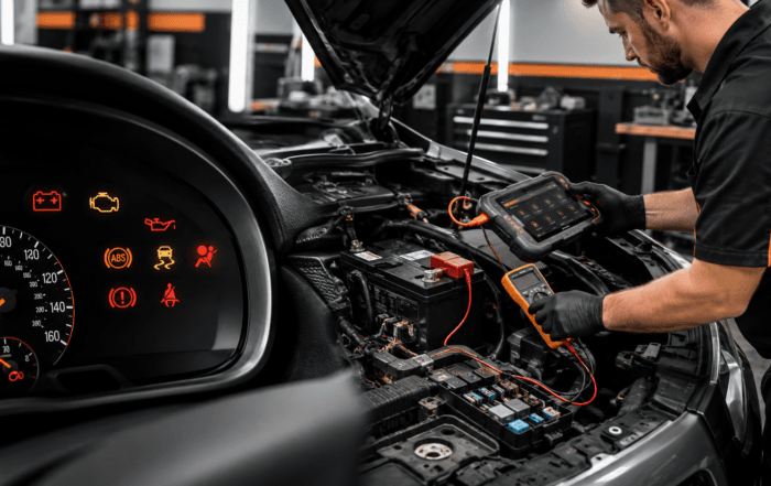Mechanic diagnosing car electrical problems with a scan tool and multimeter while dashboard warning lights are illuminated.