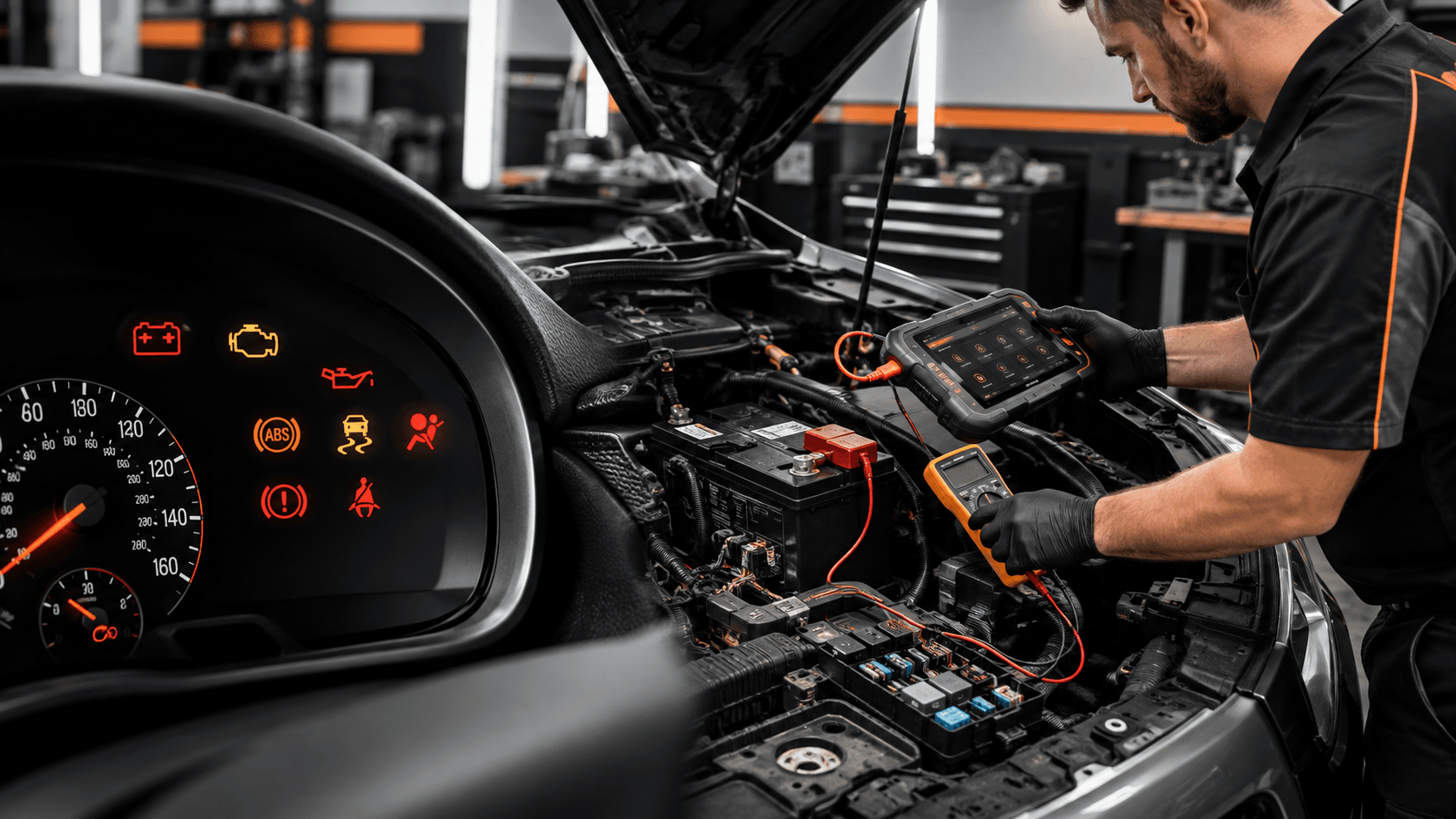 Mechanic diagnosing car electrical problems with a scan tool and multimeter while dashboard warning lights are illuminated.