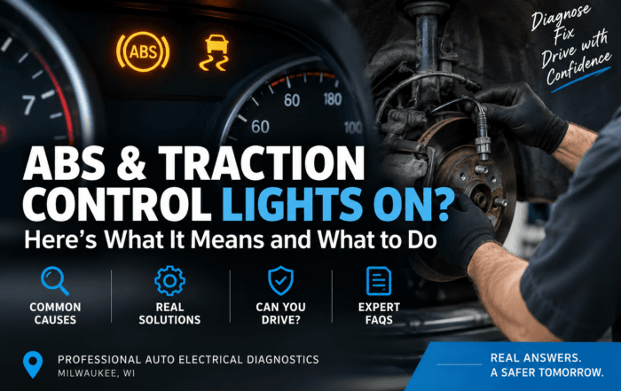 Mechanic diagnosing ABS and traction control warning lights by inspecting a wheel speed sensor and brake system in Milwaukee.