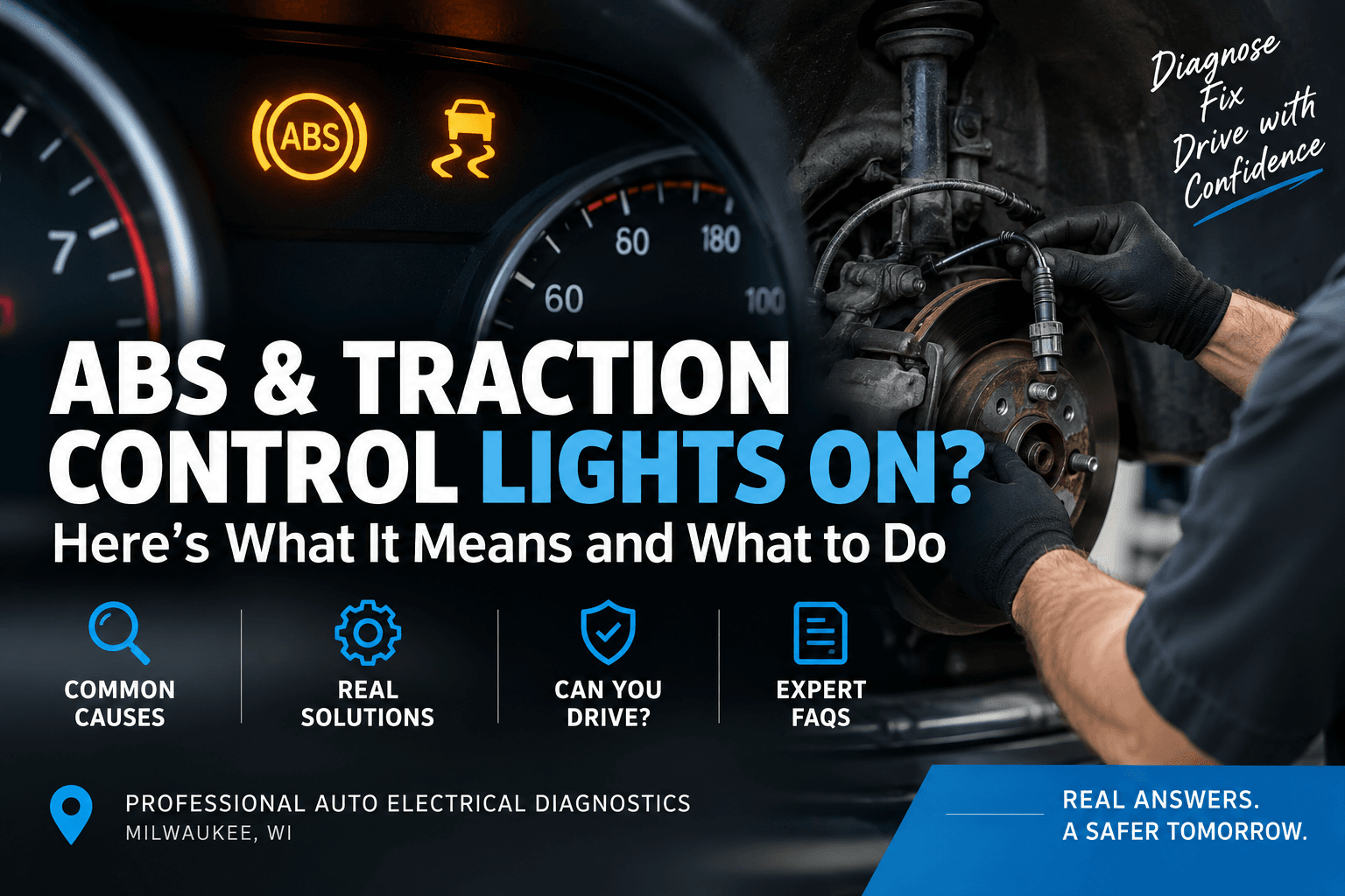 Mechanic diagnosing ABS and traction control warning lights by inspecting a wheel speed sensor and brake system in Milwaukee.