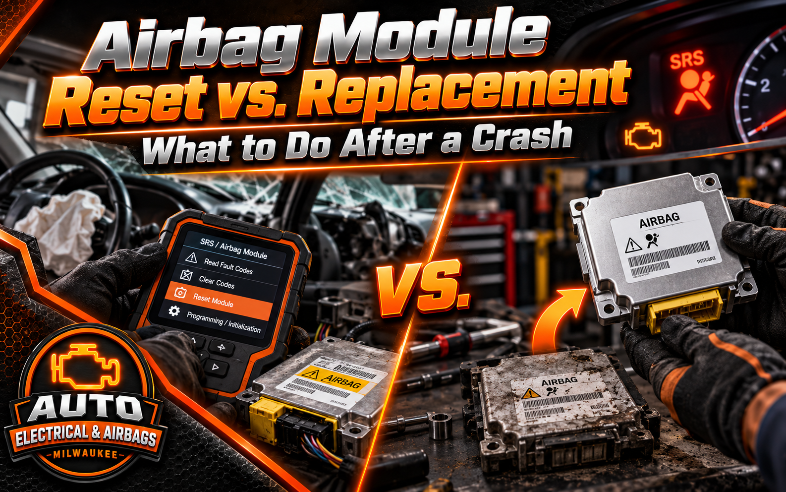 Airbag Module Reset vs Replacement After a Crash Airbag control module being diagnosed after a vehicle crash with SRS system components in the background