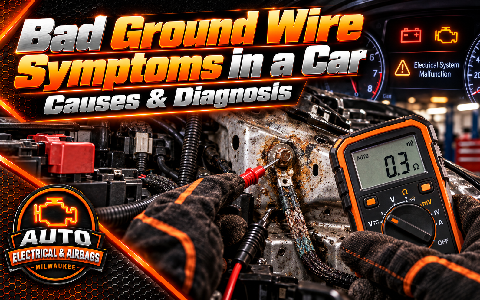 Technician testing a vehicle ground connection and wiring for electrical faults in a modern car