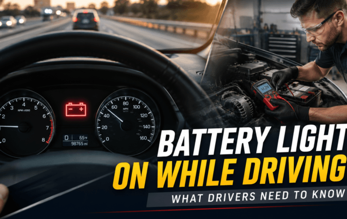 Battery warning light illuminated on dashboard while driving with technician testing car battery and charging system