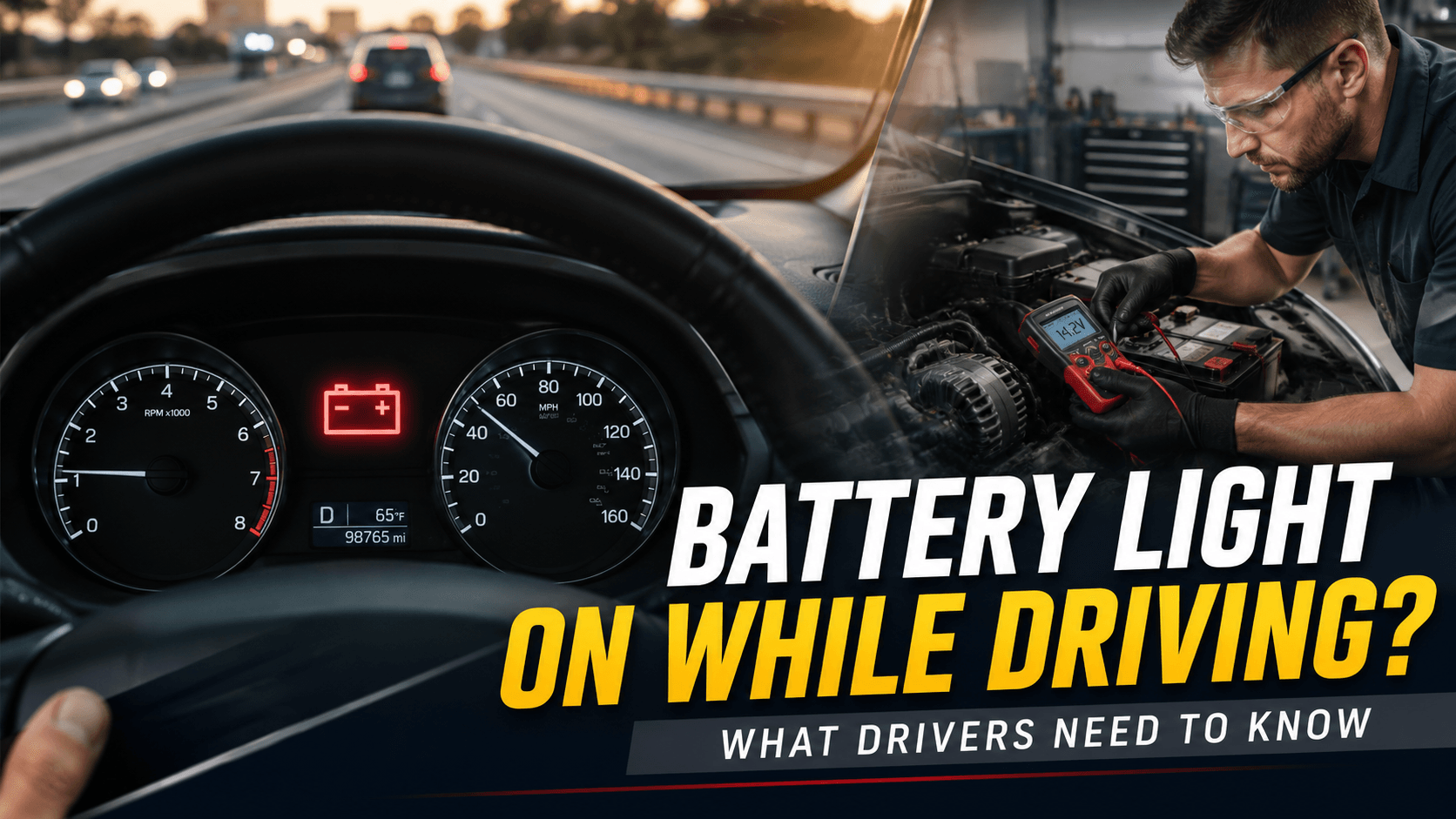 Battery warning light illuminated on dashboard while driving with technician testing car battery and charging system
