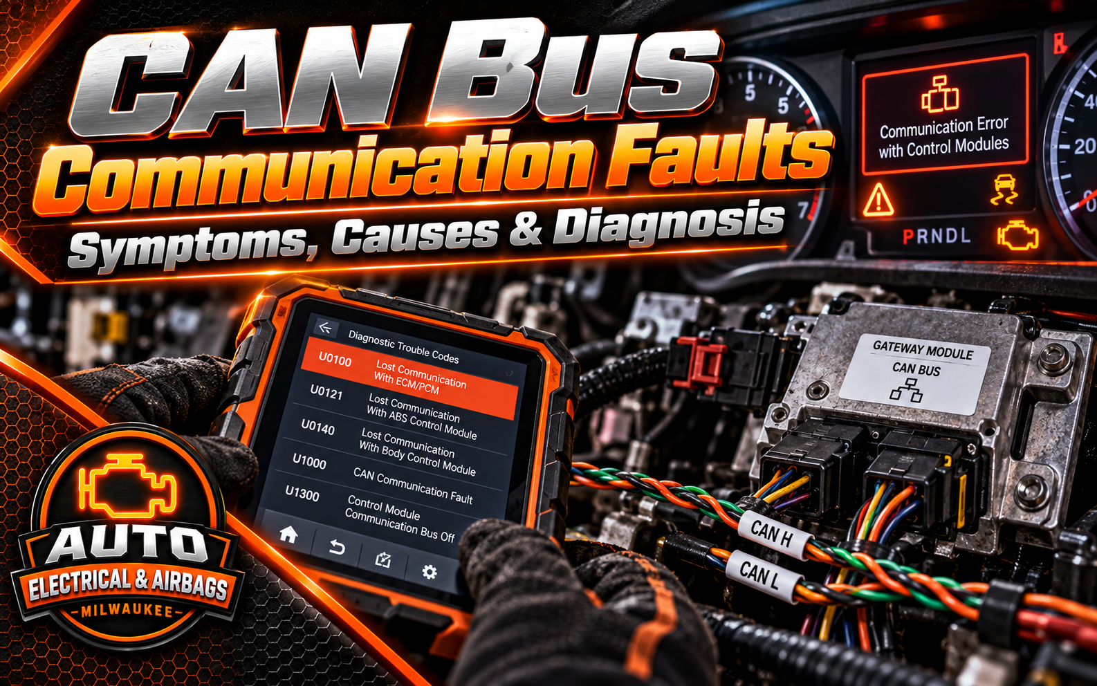 Technician diagnosing a CAN bus communication fault and vehicle network wiring in a modern car
