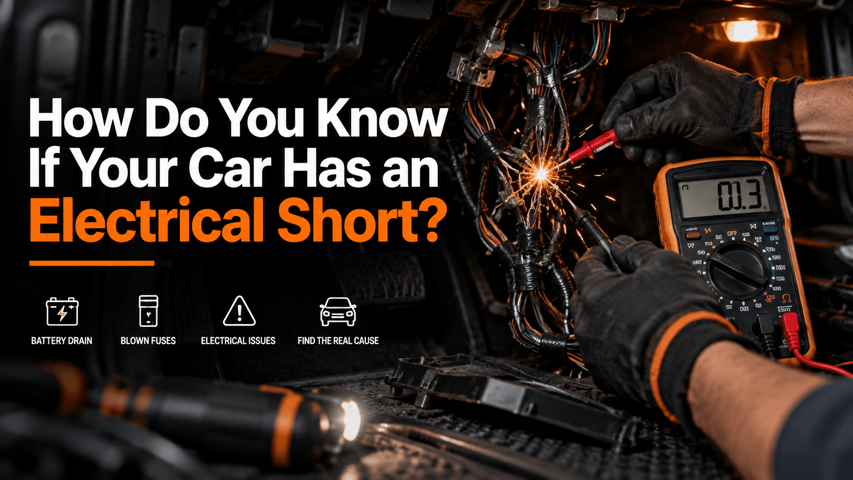 Mechanic diagnosing a car electrical short, damaged wiring, blown fuse, and connector faults at an automotive electrical repair shop in Milwaukee.