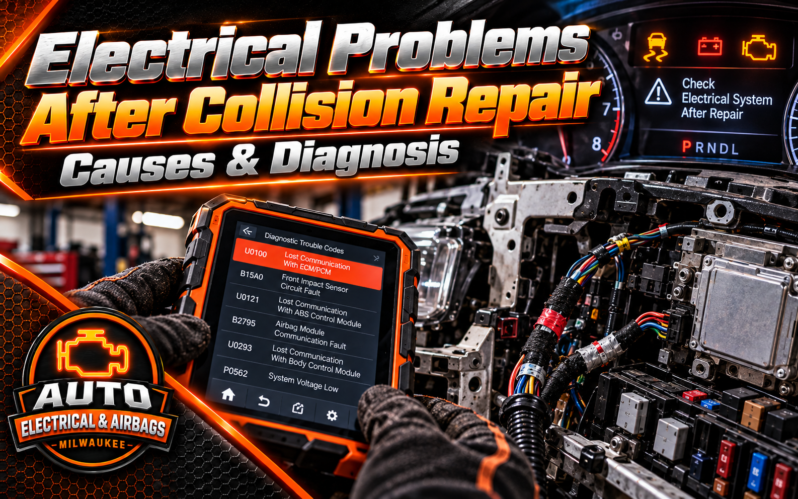 Technician diagnosing wiring and electrical problems after collision repair on a modern vehicle