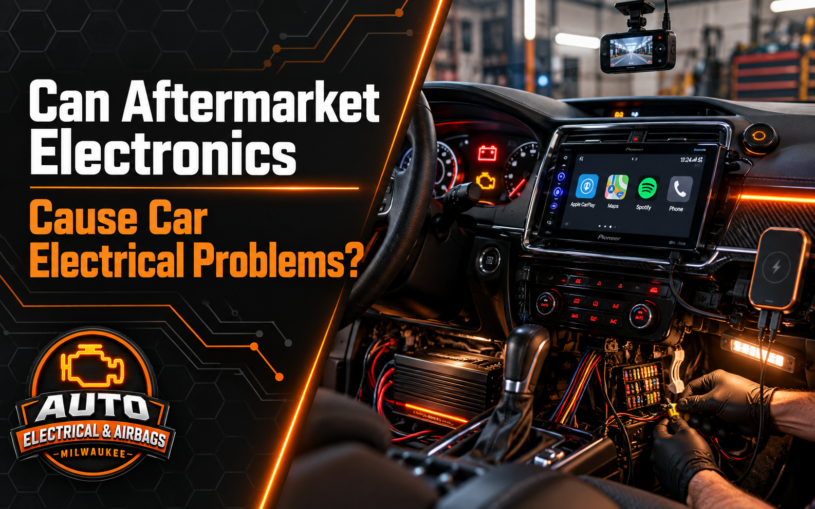Technician inspecting aftermarket wiring and electronic accessories causing electrical problems in a modern vehicle