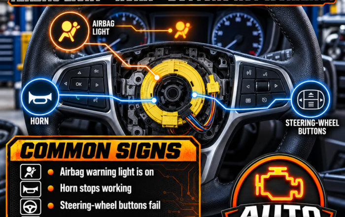 Technician diagnosing a bad clock spring causing an airbag light, horn failure, and steering wheel button problems