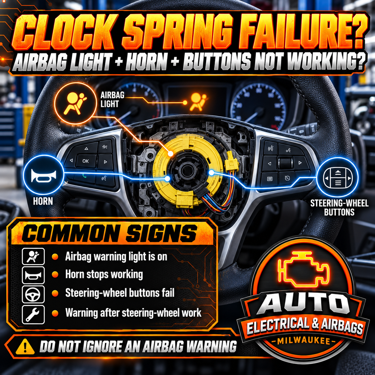 Bad Clock Spring Symptoms and SRS Diagnosis Technician diagnosing a bad clock spring causing an airbag light, horn failure, and steering wheel button problems