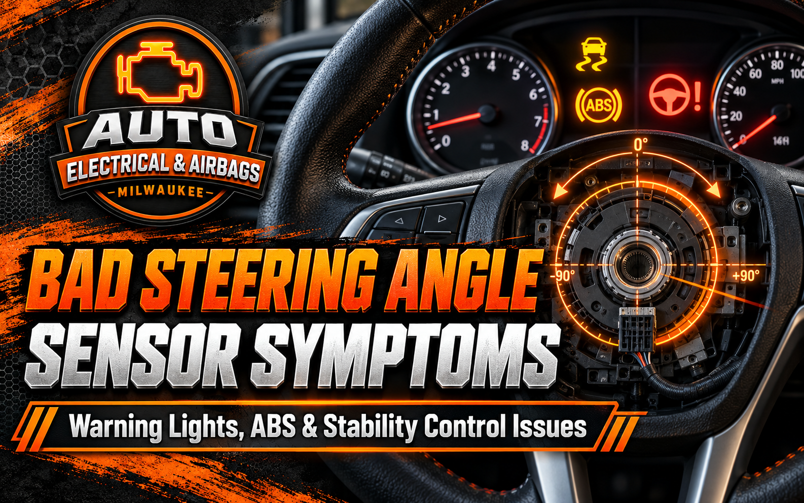 Bad steering angle sensor symptoms with ABS, traction control, stability control, and steering warning lights on the dashboard.