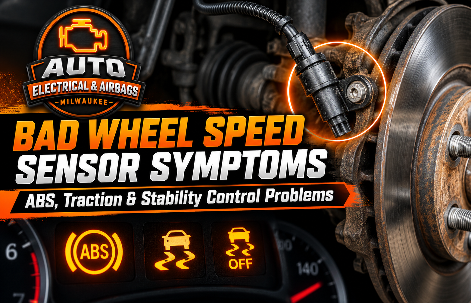 Bad wheel speed sensor showing ABS, traction control, and stability control warning lights in a vehicle.