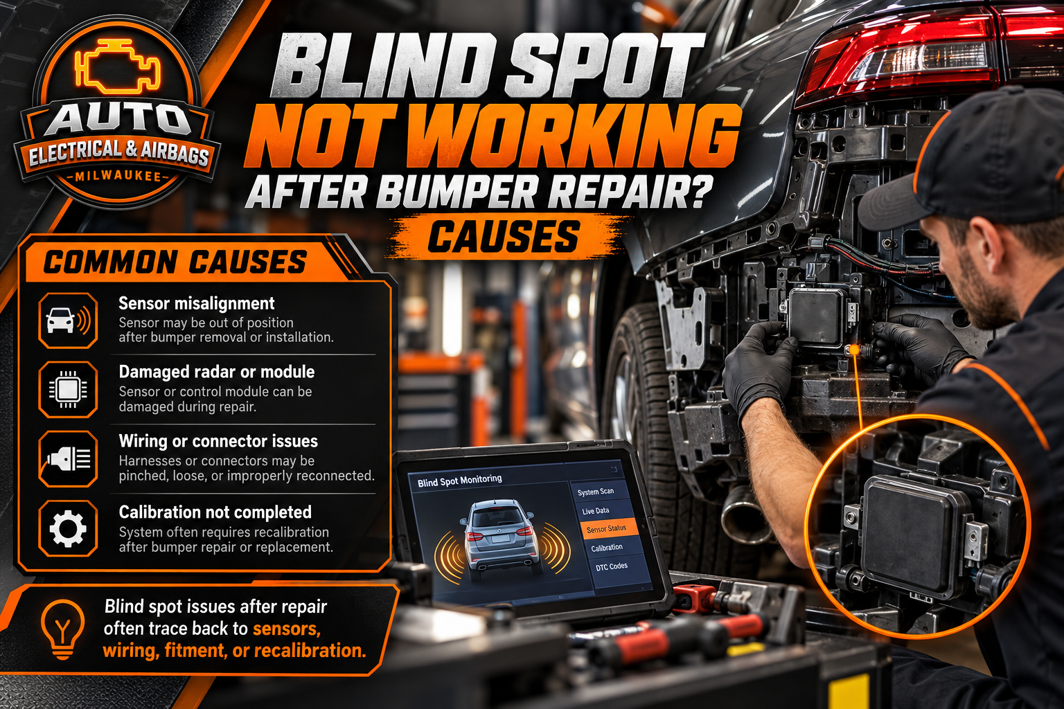 Technician diagnosing a blind spot radar sensor, wiring, and calibration issue after rear bumper repair
