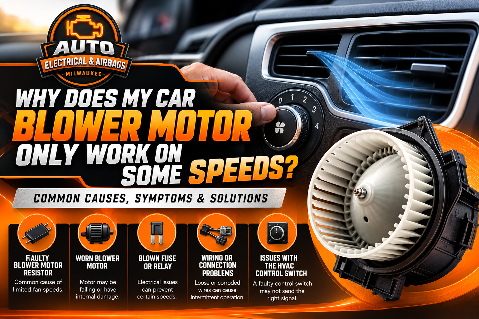 Car HVAC blower motor speed control showing common causes of a blower motor only working on certain speeds, including resistor, wiring, fuse, relay, and control switch problems.