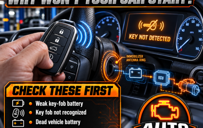 Technician diagnosing a Key Not Detected warning caused by key fob, immobilizer, BCM, ECU, antenna, wiring, or programming issues