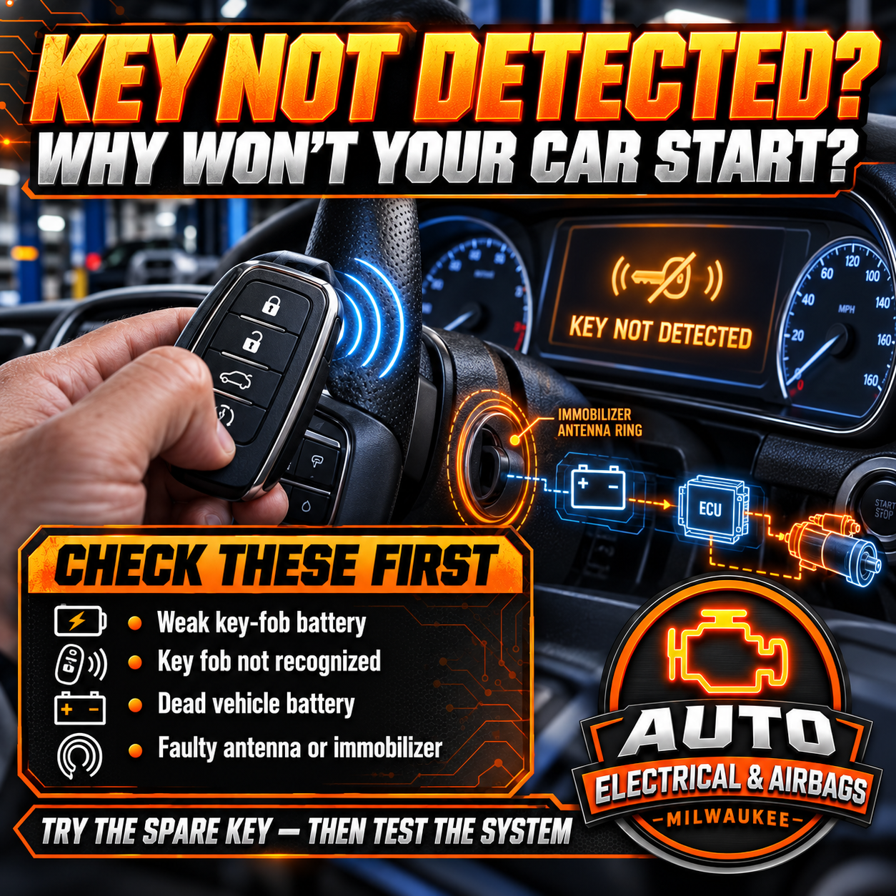 Key Not Detected or Key Not Recognized Car No-Start Technician diagnosing a Key Not Detected warning caused by key fob, immobilizer, BCM, ECU, antenna, wiring, or programming issues