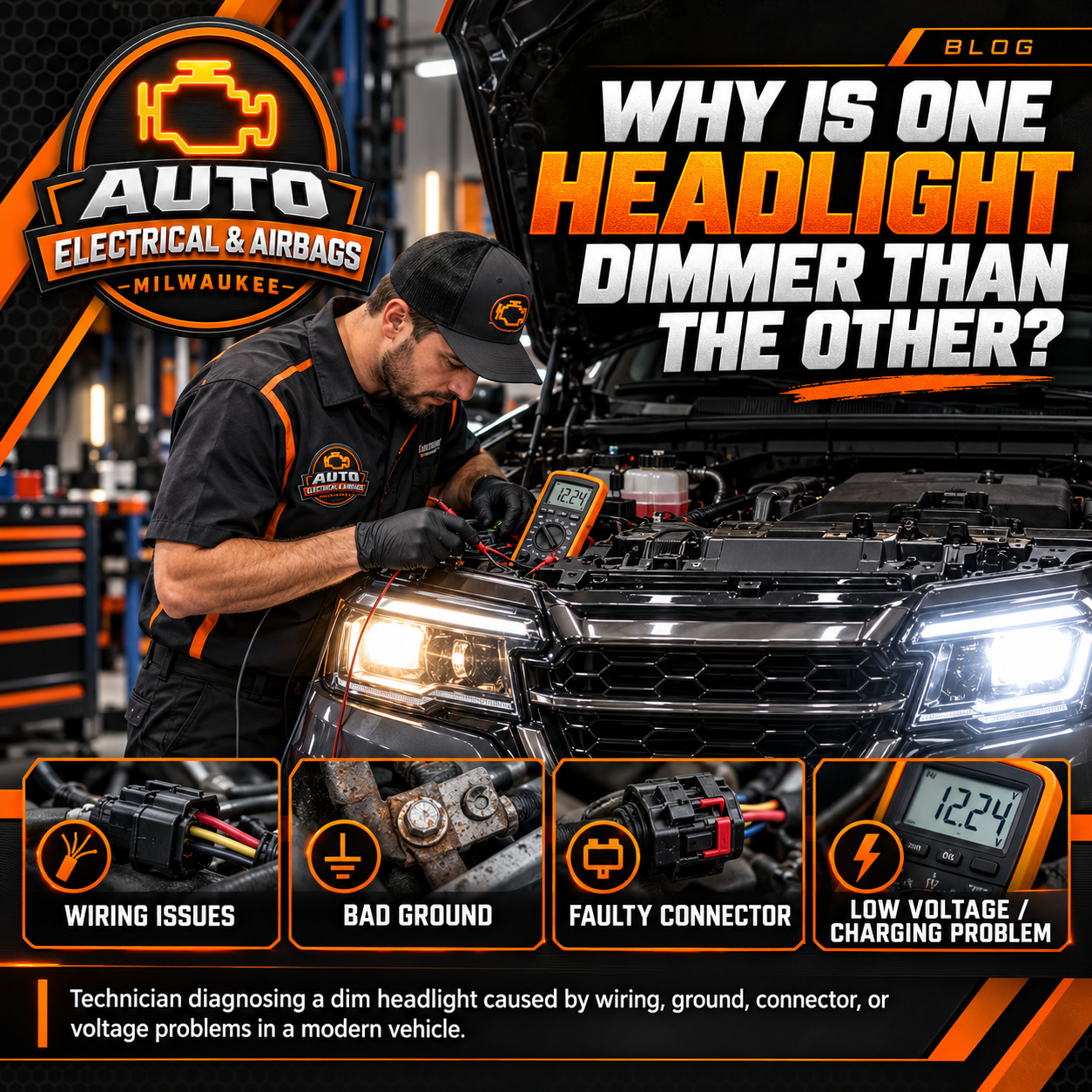 Technician diagnosing a dim headlight caused by wiring, ground, connector, or voltage problems in a modern vehicle