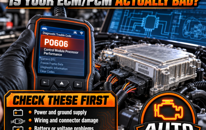 Technician diagnosing a P0606 control module processor fault involving the ECM, PCM, wiring, power, ground, or software issue