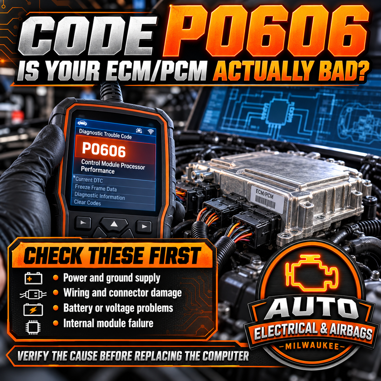 Technician diagnosing a P0606 control module processor fault involving the ECM, PCM, wiring, power, ground, or software issue