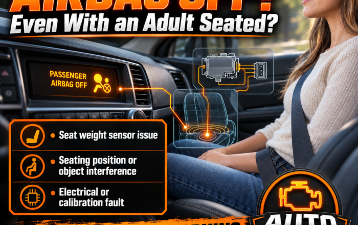 Technician diagnosing a passenger airbag OFF warning caused by an occupancy sensor, seat wiring, connector, or SRS calibration issue
