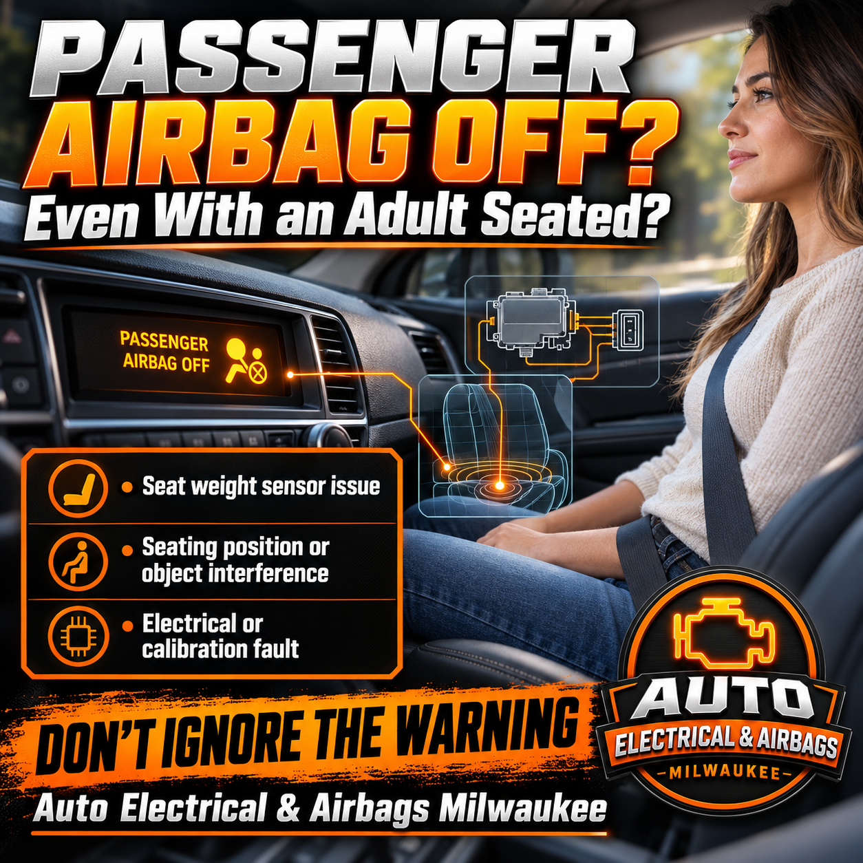 Technician diagnosing a passenger airbag OFF warning caused by an occupancy sensor, seat wiring, connector, or SRS calibration issue
