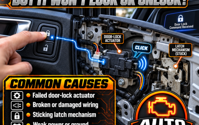Technician diagnosing a power door lock that clicks but will not lock or unlock due to an actuator, latch, wiring, connector, or BCM issue