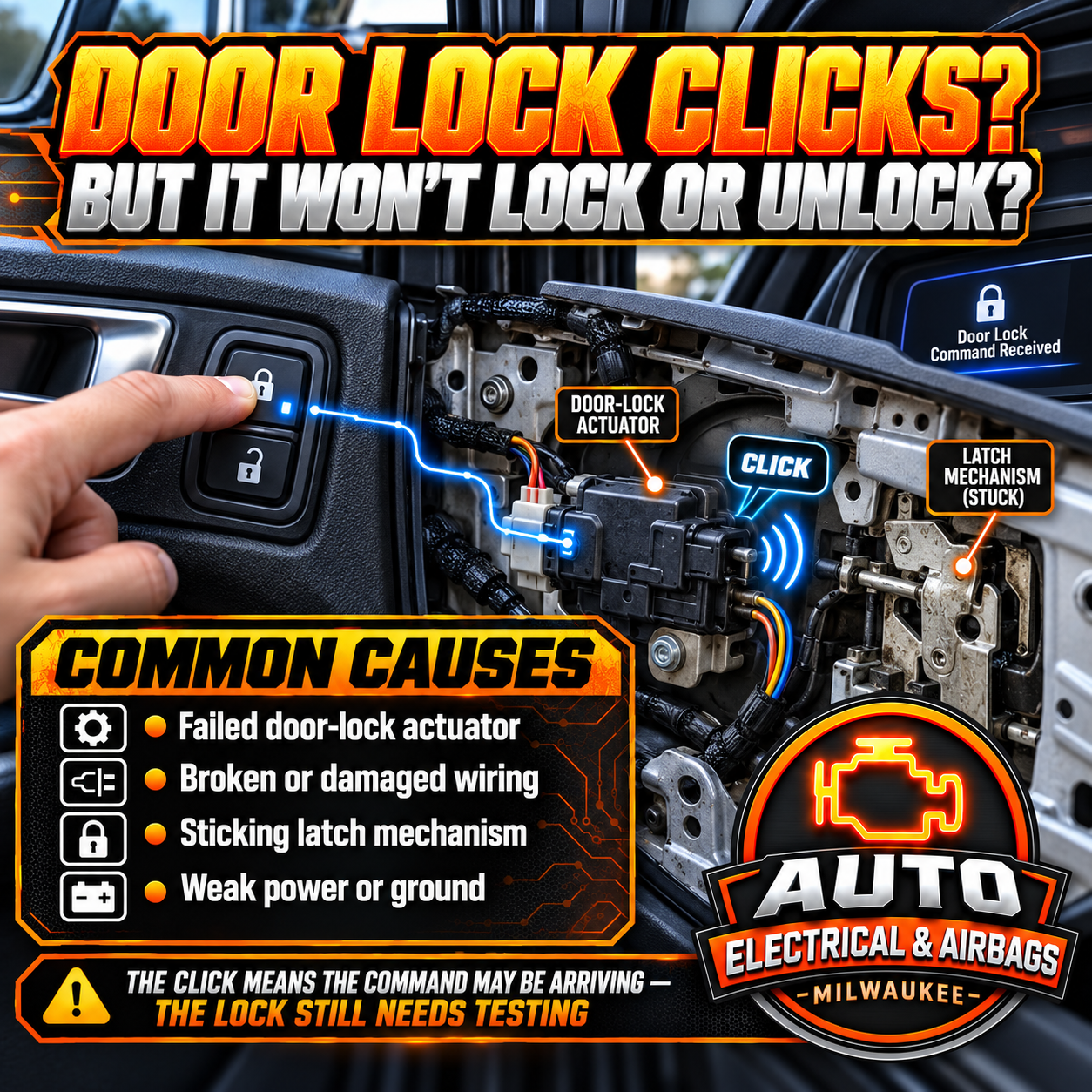 Technician diagnosing a power door lock that clicks but will not lock or unlock due to an actuator, latch, wiring, connector, or BCM issue