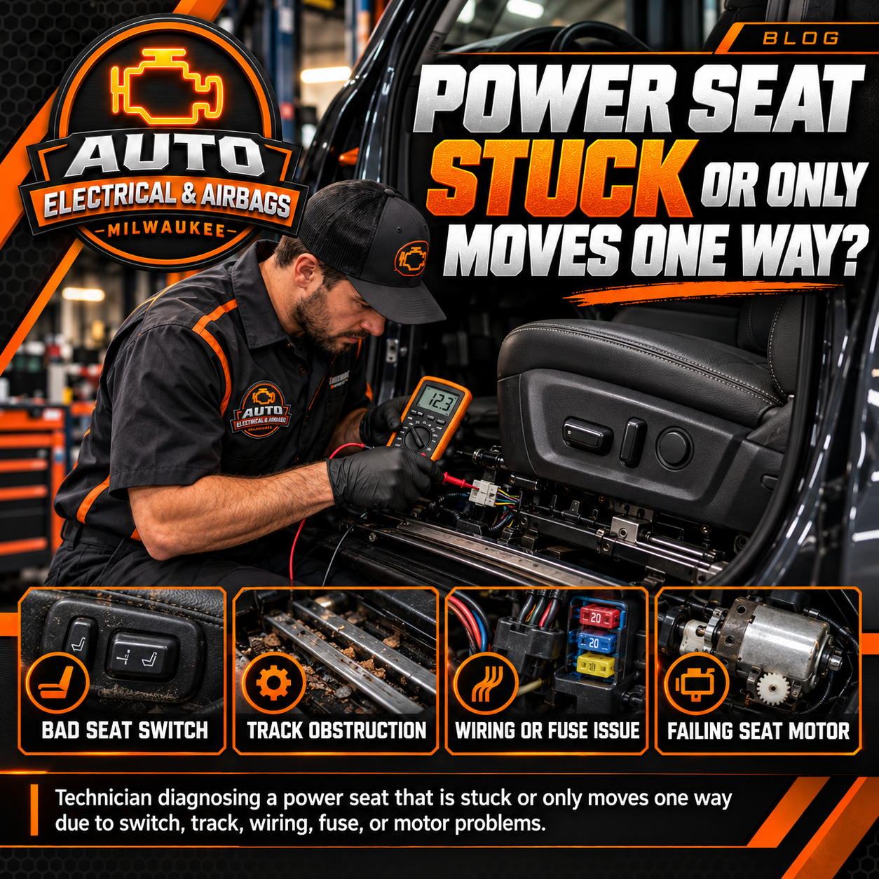 Auto electrical technician diagnosing a stuck power seat using a multimeter, checking seat switches, track obstructions, wiring, fuses, and motor problems at Auto Electrical & Airbags in Milwaukee.
