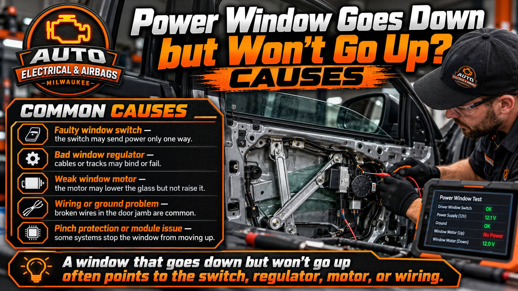 Technician diagnosing a power window that goes down but will not go back up due to switch, motor, regulator, or wiring problems
