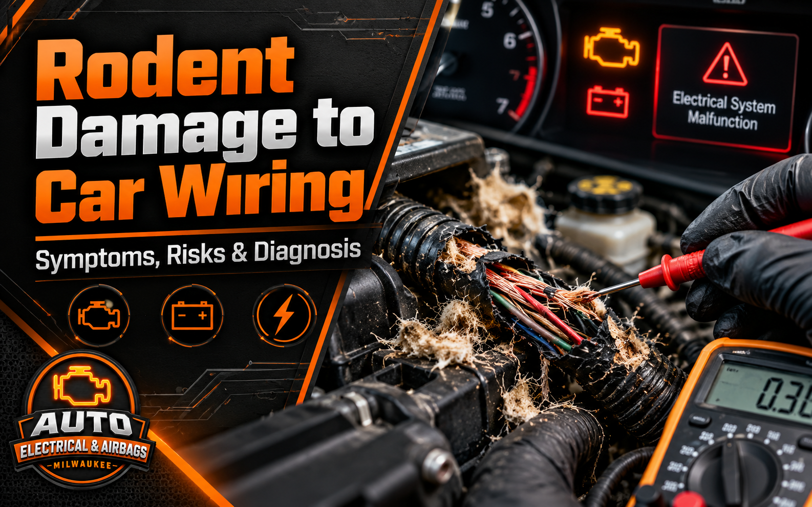 Rodent Damage to Car Wiring Chewed vehicle wiring and damaged electrical harness caused by rodent activity under a car hood